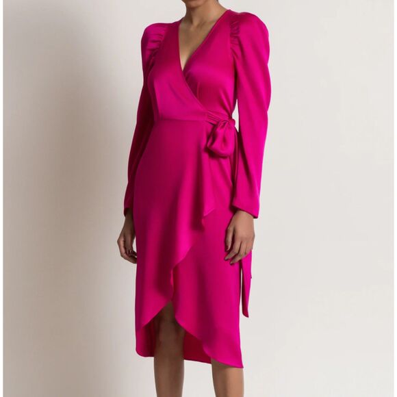 Chelsea and Walker V-Neck Puff Shoulder Midi Wrap Dress Pink 0
